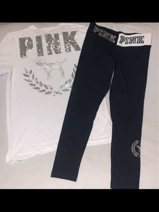 PINK Victoria's Secret Other - PINK Victoria's Secret White Sequin Logo Tee & Black Logo Leggings Set L/XL